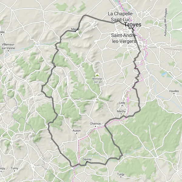 Map miniature of "Countryside Road Adventure" cycling inspiration in Champagne-Ardenne, France. Generated by Tarmacs.app cycling route planner