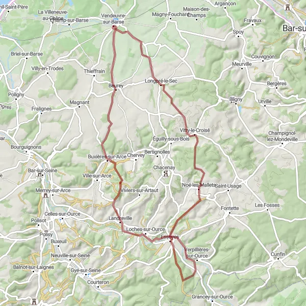 Map miniature of "Scenic Gravel Ride from Vendeuvre-sur-Barse to Beurey" cycling inspiration in Champagne-Ardenne, France. Generated by Tarmacs.app cycling route planner