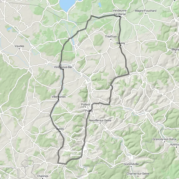 Map miniature of "Wines and Countryside" cycling inspiration in Champagne-Ardenne, France. Generated by Tarmacs.app cycling route planner