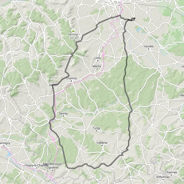 Miniature de la carte de l'inspiration cycliste "Circuit des Cinq Châteaux" dans la Champagne-Ardenne, France. Générée par le planificateur d'itinéraire cycliste Tarmacs.app