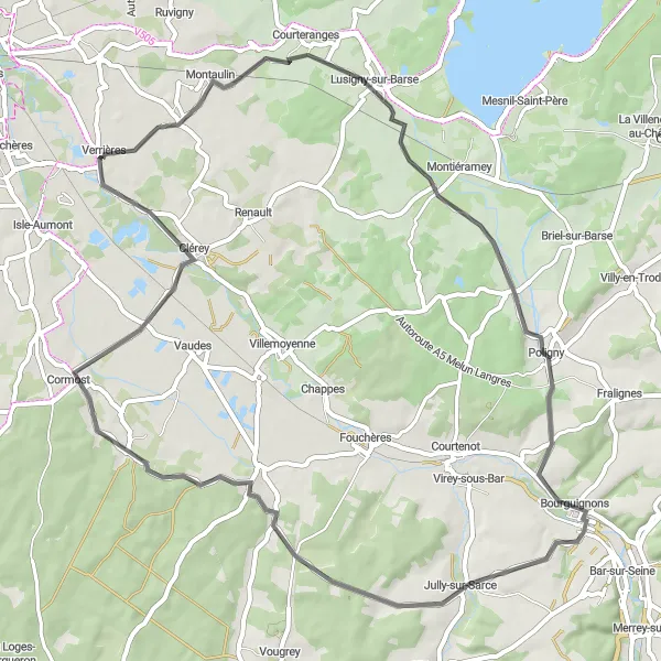 Map miniature of "Voyage through Montaulin, Poligny, Aube, Jully-sur-Sarce, Cormost, and Clérey (Champagne-Ardenne, France)" cycling inspiration in Champagne-Ardenne, France. Generated by Tarmacs.app cycling route planner