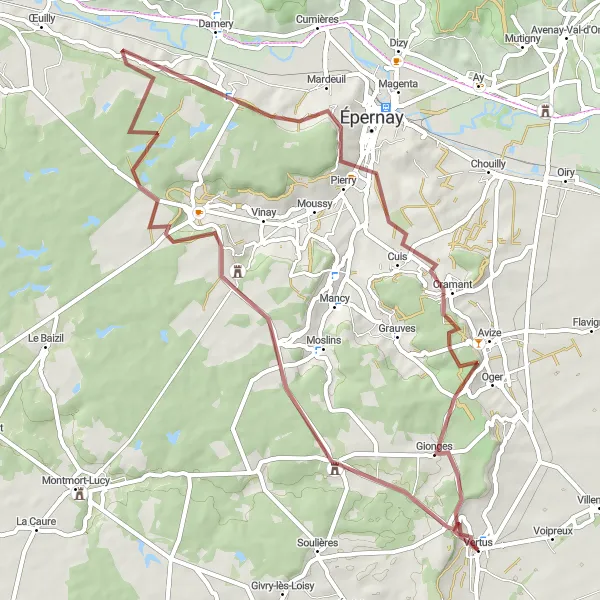 Map miniature of "Gravel Journey through Villers-aux-Bois and Avize" cycling inspiration in Champagne-Ardenne, France. Generated by Tarmacs.app cycling route planner