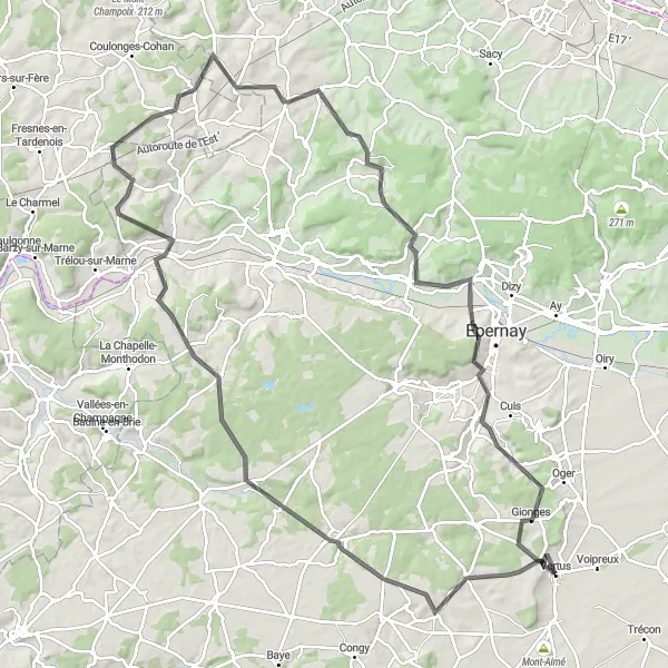 Map miniature of "Road Cycling Expedition through Givry-lès-Loisy and Pierry" cycling inspiration in Champagne-Ardenne, France. Generated by Tarmacs.app cycling route planner