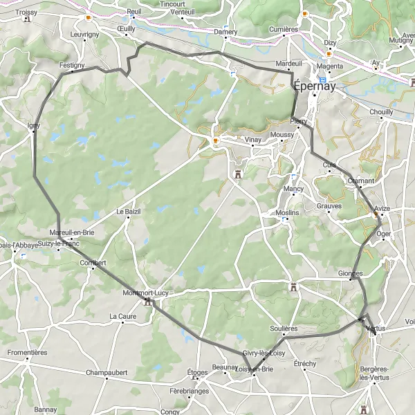Miniature de la carte de l'inspiration cycliste "Boucle autour de Montmort-Lucy" dans la Champagne-Ardenne, France. Générée par le planificateur d'itinéraire cycliste Tarmacs.app