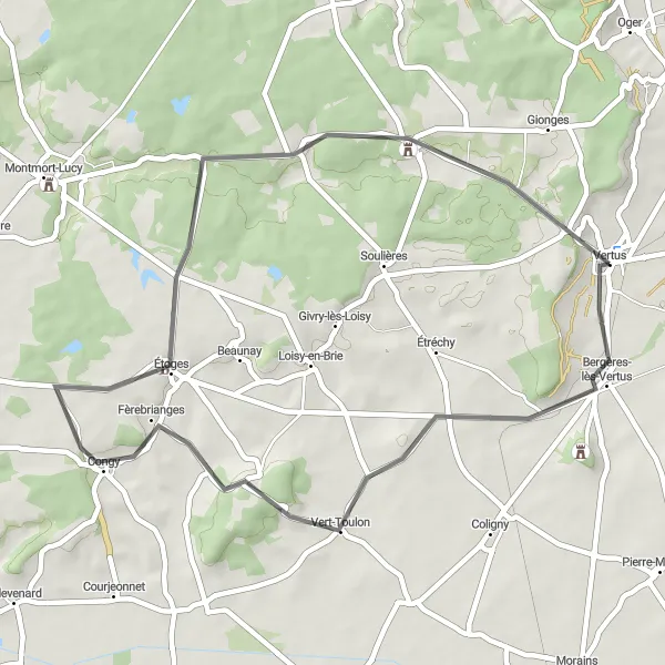 Map miniature of "Vert-Toulon Loop" cycling inspiration in Champagne-Ardenne, France. Generated by Tarmacs.app cycling route planner