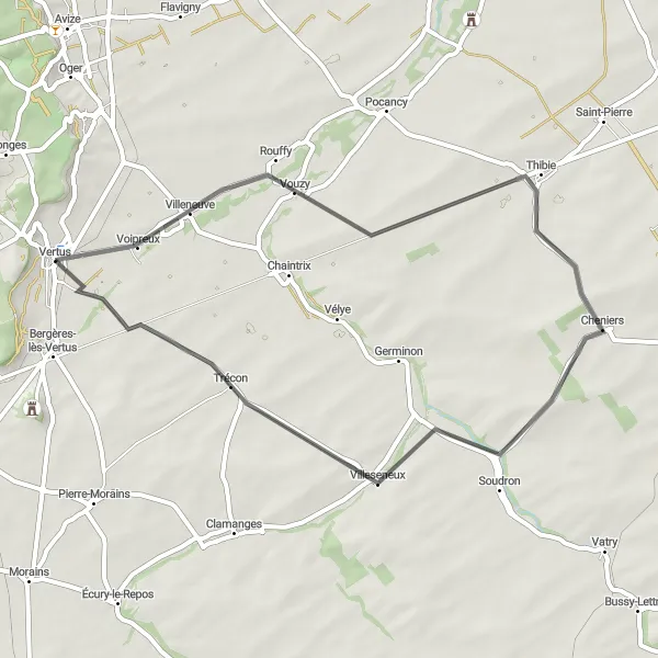 Map miniature of "Scenic Road Cycling Route through Vouzy and Trécon" cycling inspiration in Champagne-Ardenne, France. Generated by Tarmacs.app cycling route planner