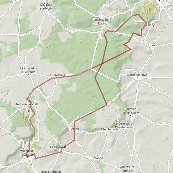 Miniature de la carte de l'inspiration cycliste "Parcours des Vallées Champenoises" dans la Champagne-Ardenne, France. Générée par le planificateur d'itinéraire cycliste Tarmacs.app