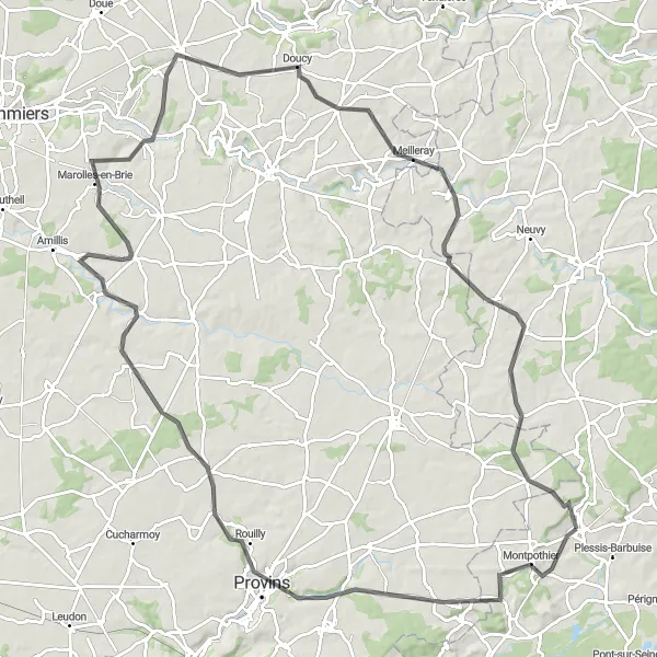 Map miniature of "Castles and Vineyards of Provins" cycling inspiration in Champagne-Ardenne, France. Generated by Tarmacs.app cycling route planner