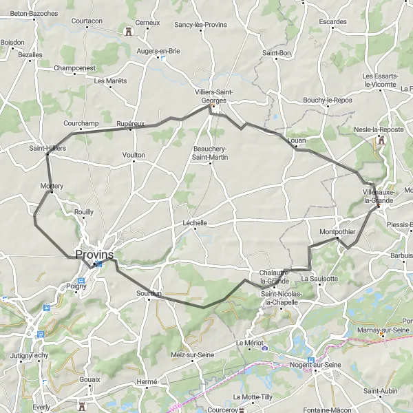 Miniature de la carte de l'inspiration cycliste "Tour de vélo de 63 km autour de Provins" dans la Champagne-Ardenne, France. Générée par le planificateur d'itinéraire cycliste Tarmacs.app