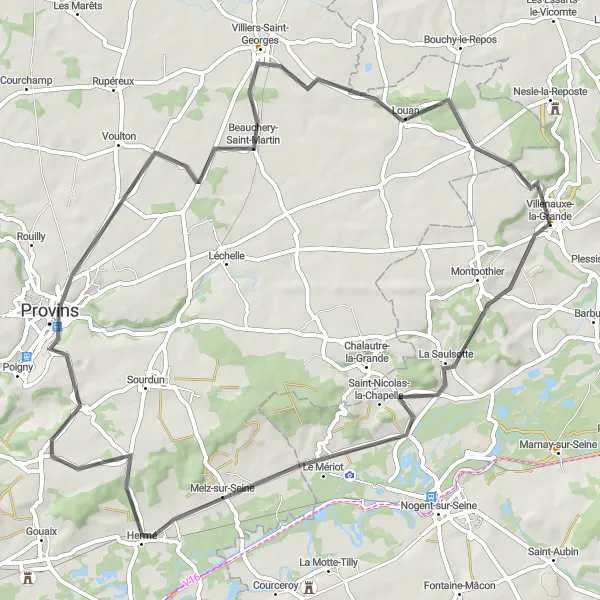Miniature de la carte de l'inspiration cycliste "Parcours champêtre à travers la Brie" dans la Champagne-Ardenne, France. Générée par le planificateur d'itinéraire cycliste Tarmacs.app