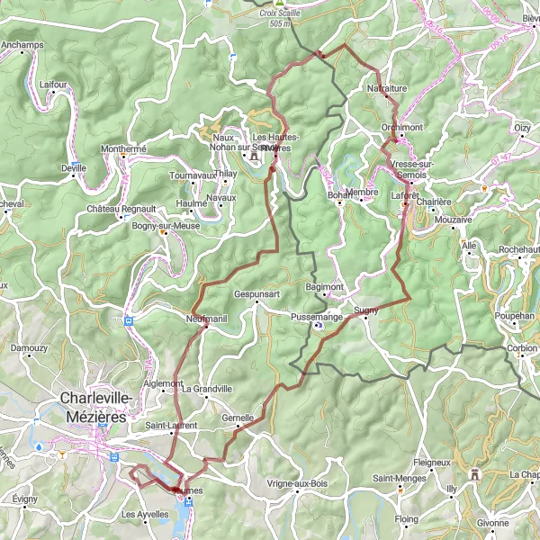Miniature de la carte de l'inspiration cycliste "Tour de la Meuse" dans la Champagne-Ardenne, France. Générée par le planificateur d'itinéraire cycliste Tarmacs.app