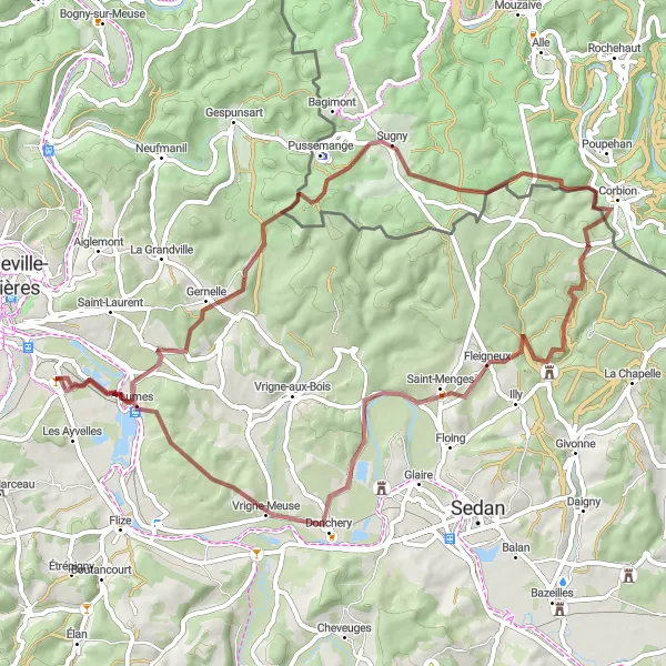 Map miniature of "Discover Gernelle and Sugny on a Gravel Adventure" cycling inspiration in Champagne-Ardenne, France. Generated by Tarmacs.app cycling route planner