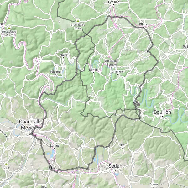 Map miniature of "The Ardennes Adventure" cycling inspiration in Champagne-Ardenne, France. Generated by Tarmacs.app cycling route planner