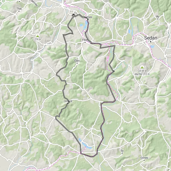 Miniature de la carte de l'inspiration cycliste "Parcours pittoresque autour de Villers-Semeuse" dans la Champagne-Ardenne, France. Générée par le planificateur d'itinéraire cycliste Tarmacs.app