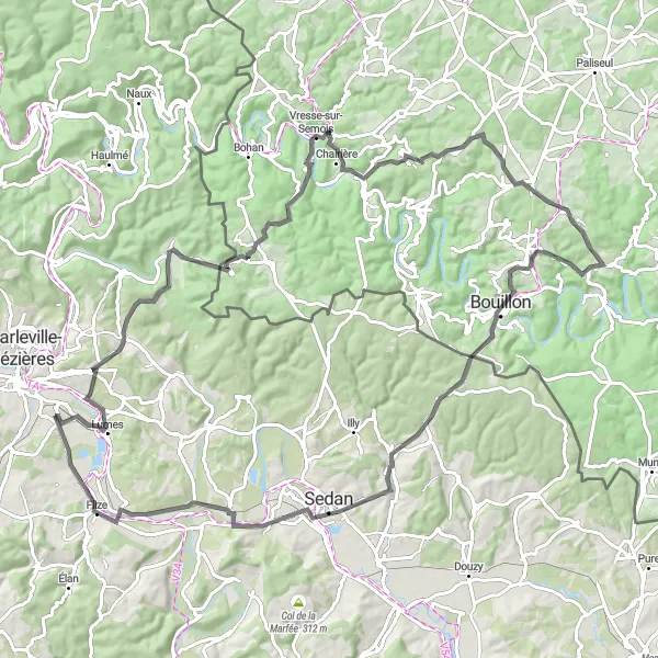 Miniature de la carte de l'inspiration cycliste "Route panoramique jusqu'à Givonne" dans la Champagne-Ardenne, France. Générée par le planificateur d'itinéraire cycliste Tarmacs.app