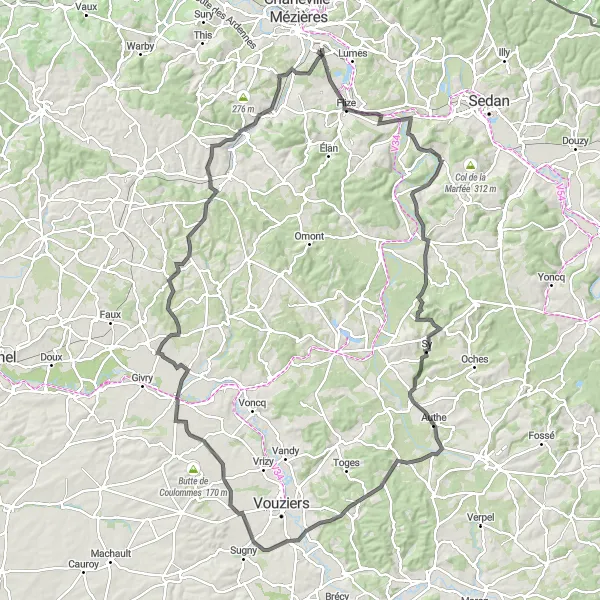 Map miniature of "Villers-Semeuse - Mars-sous-Bourcq Loop (Champagne-Ardenne, France)" cycling inspiration in Champagne-Ardenne, France. Generated by Tarmacs.app cycling route planner