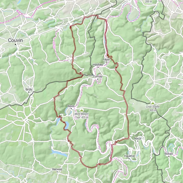 Map miniature of "Challenging Gravel Route through Monthermé and Oignies-en-Thiérache" cycling inspiration in Champagne-Ardenne, France. Generated by Tarmacs.app cycling route planner