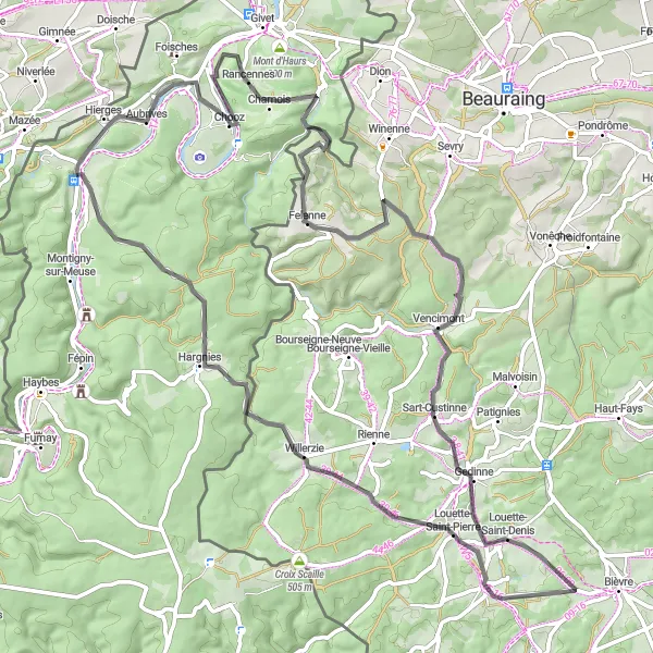 Miniature de la carte de l'inspiration cycliste "Parcours des Vallées Ardennaises" dans la Champagne-Ardenne, France. Générée par le planificateur d'itinéraire cycliste Tarmacs.app