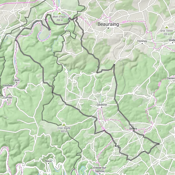 Miniature de la carte de l'inspiration cycliste "Les Collines Ardennaises" dans la Champagne-Ardenne, France. Générée par le planificateur d'itinéraire cycliste Tarmacs.app