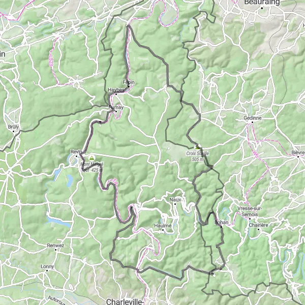 Miniature de la carte de l'inspiration cycliste "Les Villages de la Meuse" dans la Champagne-Ardenne, France. Générée par le planificateur d'itinéraire cycliste Tarmacs.app