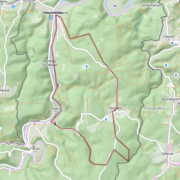 Miniature de la carte de l'inspiration cycliste "Parcours unique à travers Hargnies, Fépin et Vireux-Molhain" dans la Champagne-Ardenne, France. Générée par le planificateur d'itinéraire cycliste Tarmacs.app