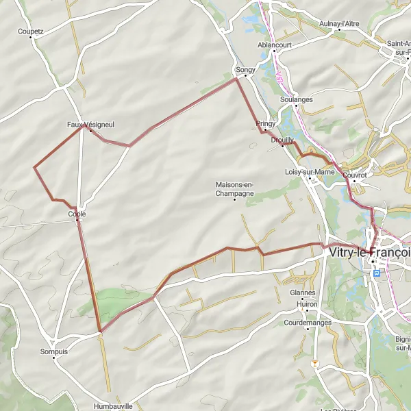 Map miniature of "Gravel ride through the Champagne farmlands" cycling inspiration in Champagne-Ardenne, France. Generated by Tarmacs.app cycling route planner