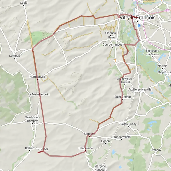 Map miniature of "Uncover hidden gems on a gravel cycling route" cycling inspiration in Champagne-Ardenne, France. Generated by Tarmacs.app cycling route planner