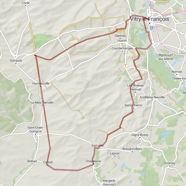 Miniature de la carte de l'inspiration cycliste "Les Rivières-Henruel Gravel Adventure" dans la Champagne-Ardenne, France. Générée par le planificateur d'itinéraire cycliste Tarmacs.app