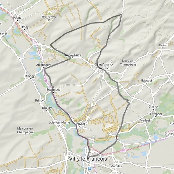 Miniature de la carte de l'inspiration cycliste "Les Collines de la Marne" dans la Champagne-Ardenne, France. Générée par le planificateur d'itinéraire cycliste Tarmacs.app