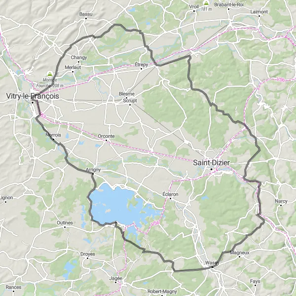 Map miniature of "Scenic road cycling tour of Champagne-Ardenne" cycling inspiration in Champagne-Ardenne, France. Generated by Tarmacs.app cycling route planner