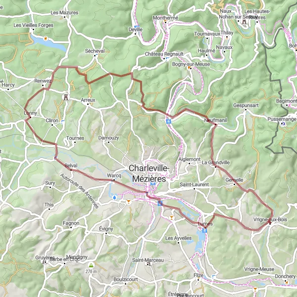 Map miniature of "Gravel Excursion through Valleys and Villages" cycling inspiration in Champagne-Ardenne, France. Generated by Tarmacs.app cycling route planner