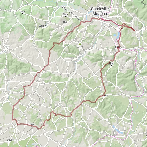 Miniature de la carte de l'inspiration cycliste "Le Tour des Vallées Ardennaises" dans la Champagne-Ardenne, France. Générée par le planificateur d'itinéraire cycliste Tarmacs.app