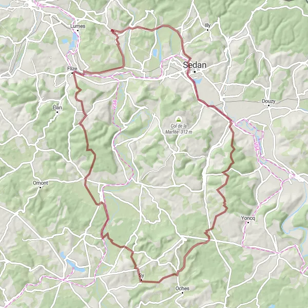 Map miniature of "Vivier-au-Court Gravel Adventure" cycling inspiration in Champagne-Ardenne, France. Generated by Tarmacs.app cycling route planner