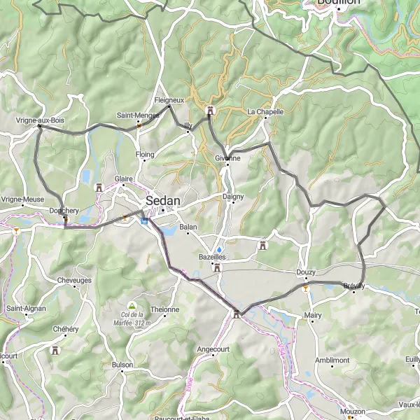 Miniature de la carte de l'inspiration cycliste "Boucle de Fleigneux" dans la Champagne-Ardenne, France. Générée par le planificateur d'itinéraire cycliste Tarmacs.app