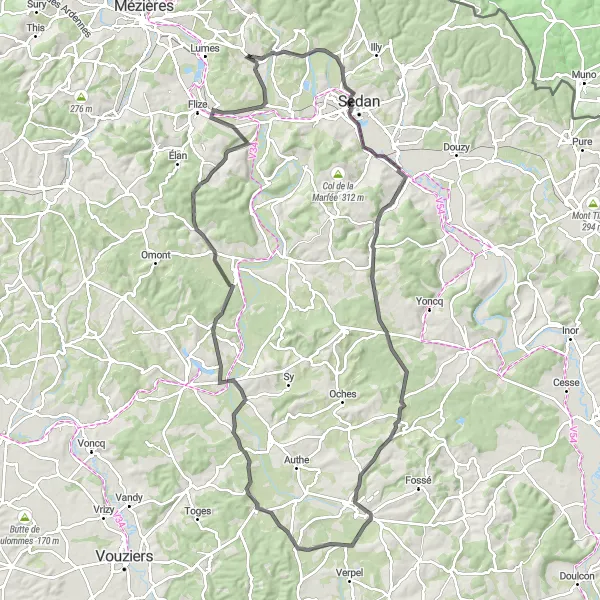 Map miniature of "Vivier-au-Court to Raucourt-et-Flaba Challenge" cycling inspiration in Champagne-Ardenne, France. Generated by Tarmacs.app cycling route planner