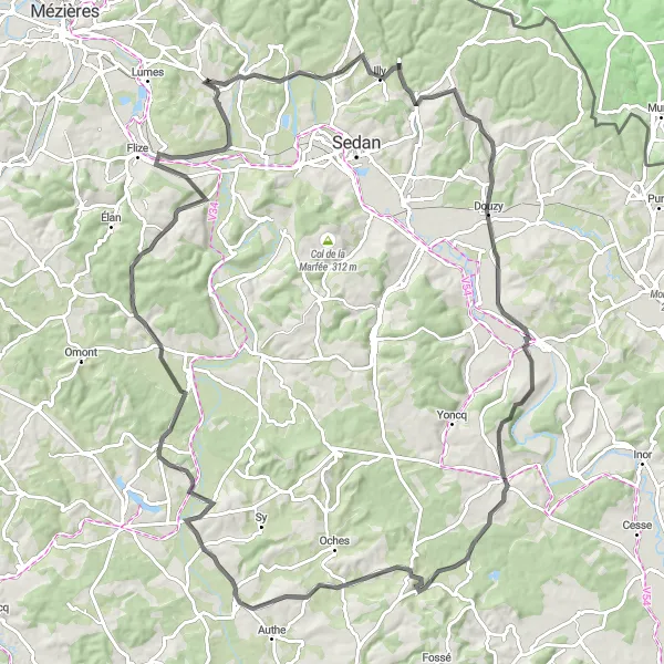 Miniature de la carte de l'inspiration cycliste "Les Montagnes de l'Argonne" dans la Champagne-Ardenne, France. Générée par le planificateur d'itinéraire cycliste Tarmacs.app