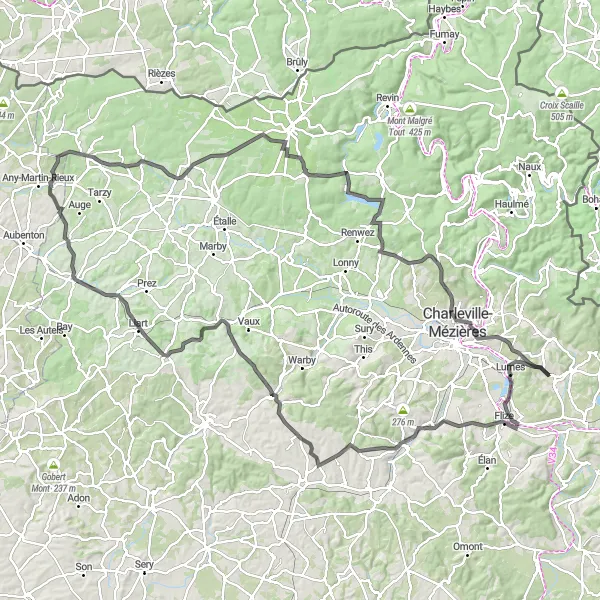 Miniature de la carte de l'inspiration cycliste "Circuit des Vallées Ardennaises" dans la Champagne-Ardenne, France. Générée par le planificateur d'itinéraire cycliste Tarmacs.app