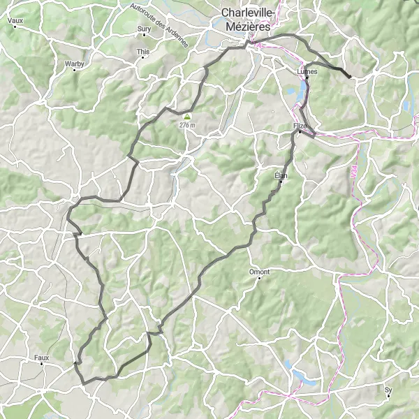 Miniature de la carte de l'inspiration cycliste "Boucle de Boutancourt" dans la Champagne-Ardenne, France. Générée par le planificateur d'itinéraire cycliste Tarmacs.app