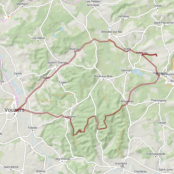 Miniature de la carte de l'inspiration cycliste "Aventure gravel vers Longwé" dans la Champagne-Ardenne, France. Générée par le planificateur d'itinéraire cycliste Tarmacs.app