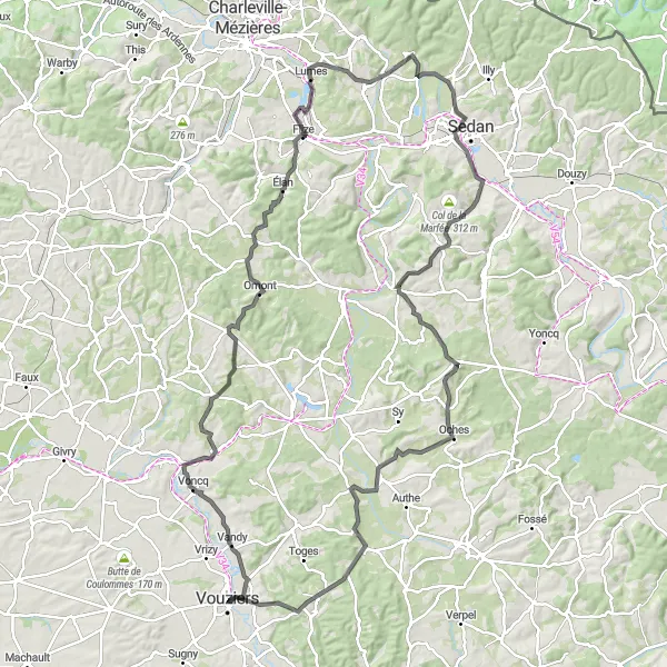 Miniature de la carte de l'inspiration cycliste "Les Coteaux d'Argonne" dans la Champagne-Ardenne, France. Générée par le planificateur d'itinéraire cycliste Tarmacs.app
