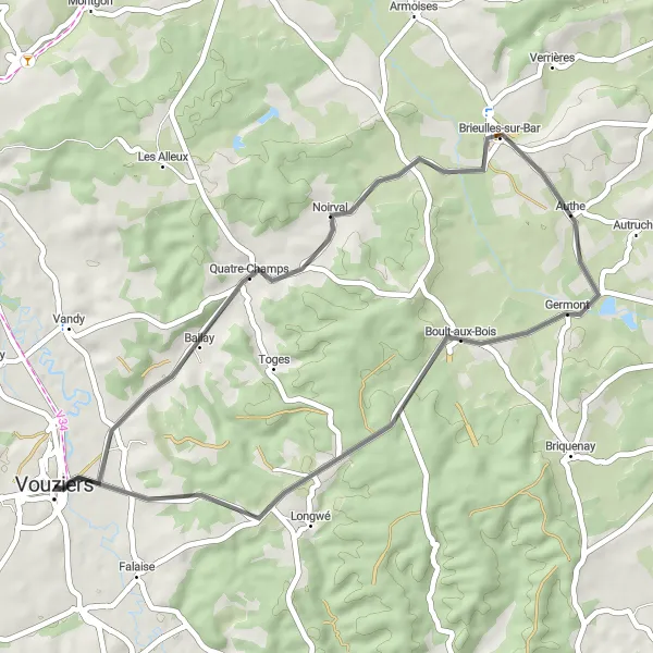 Miniature de la carte de l'inspiration cycliste "L'Évasion Baralbine" dans la Champagne-Ardenne, France. Générée par le planificateur d'itinéraire cycliste Tarmacs.app