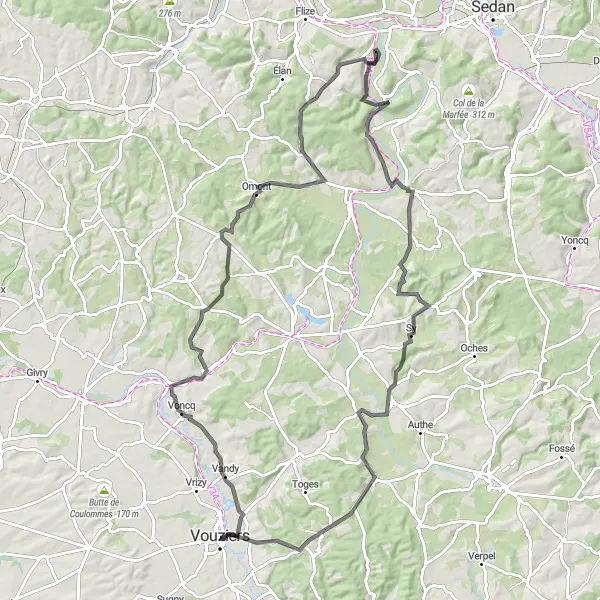 Miniature de la carte de l'inspiration cycliste "Parcours vallonné vers Châtillon-sur-Bar" dans la Champagne-Ardenne, France. Générée par le planificateur d'itinéraire cycliste Tarmacs.app