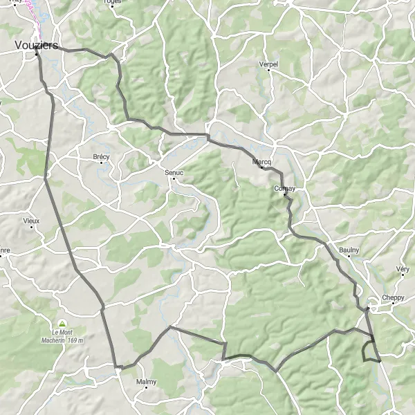 Miniature de la carte de l'inspiration cycliste "Les Châteaux de Champagne" dans la Champagne-Ardenne, France. Générée par le planificateur d'itinéraire cycliste Tarmacs.app