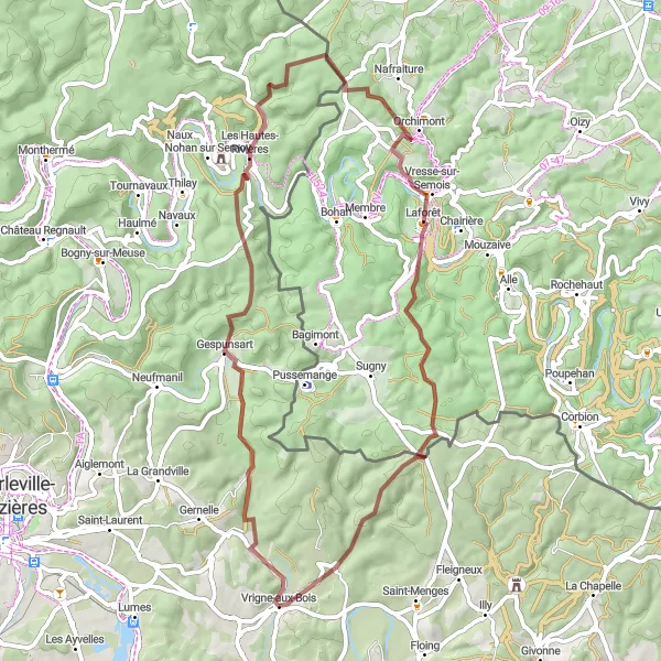 Miniature de la carte de l'inspiration cycliste "Les Forêts Ardennaises" dans la Champagne-Ardenne, France. Générée par le planificateur d'itinéraire cycliste Tarmacs.app