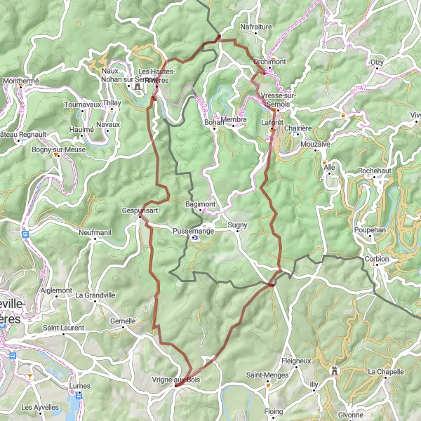 Miniature de la carte de l'inspiration cycliste "Trésors cachés de la région" dans la Champagne-Ardenne, France. Générée par le planificateur d'itinéraire cycliste Tarmacs.app