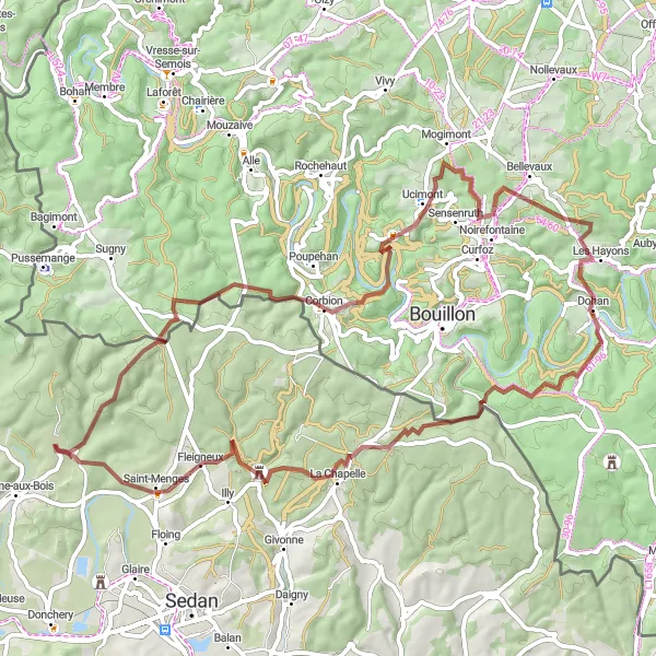 Miniature de la carte de l'inspiration cycliste "Boucle à travers les sites insolites" dans la Champagne-Ardenne, France. Générée par le planificateur d'itinéraire cycliste Tarmacs.app