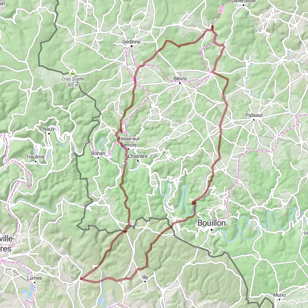 Map miniature of "Ardennes Gravel Escape" cycling inspiration in Champagne-Ardenne, France. Generated by Tarmacs.app cycling route planner