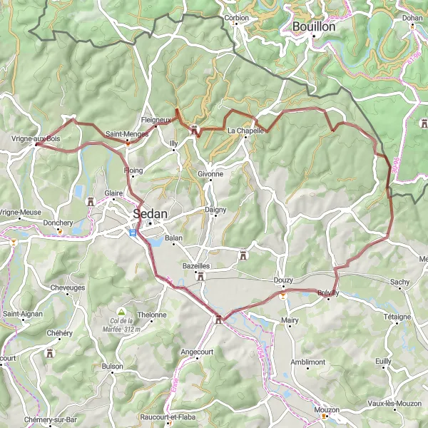 Miniature de la carte de l'inspiration cycliste "Les Châteaux de la Meuse" dans la Champagne-Ardenne, France. Générée par le planificateur d'itinéraire cycliste Tarmacs.app