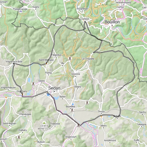 Miniature de la carte de l'inspiration cycliste "Route de Saint-Menges et autour" dans la Champagne-Ardenne, France. Générée par le planificateur d'itinéraire cycliste Tarmacs.app