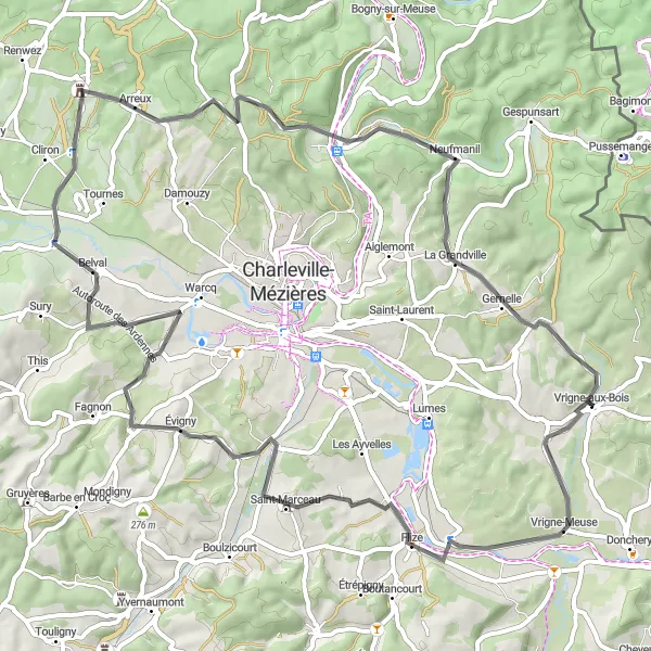 Miniature de la carte de l'inspiration cycliste "Les Villages de l'Ardenne" dans la Champagne-Ardenne, France. Générée par le planificateur d'itinéraire cycliste Tarmacs.app